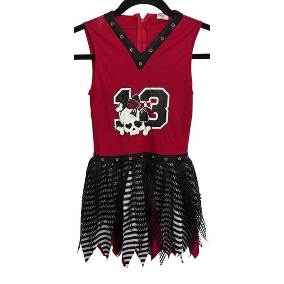 Zombie Cheerleader Costume Red Black Striped Tutu Skull Print Spirit Size M - Picture 1 of 5